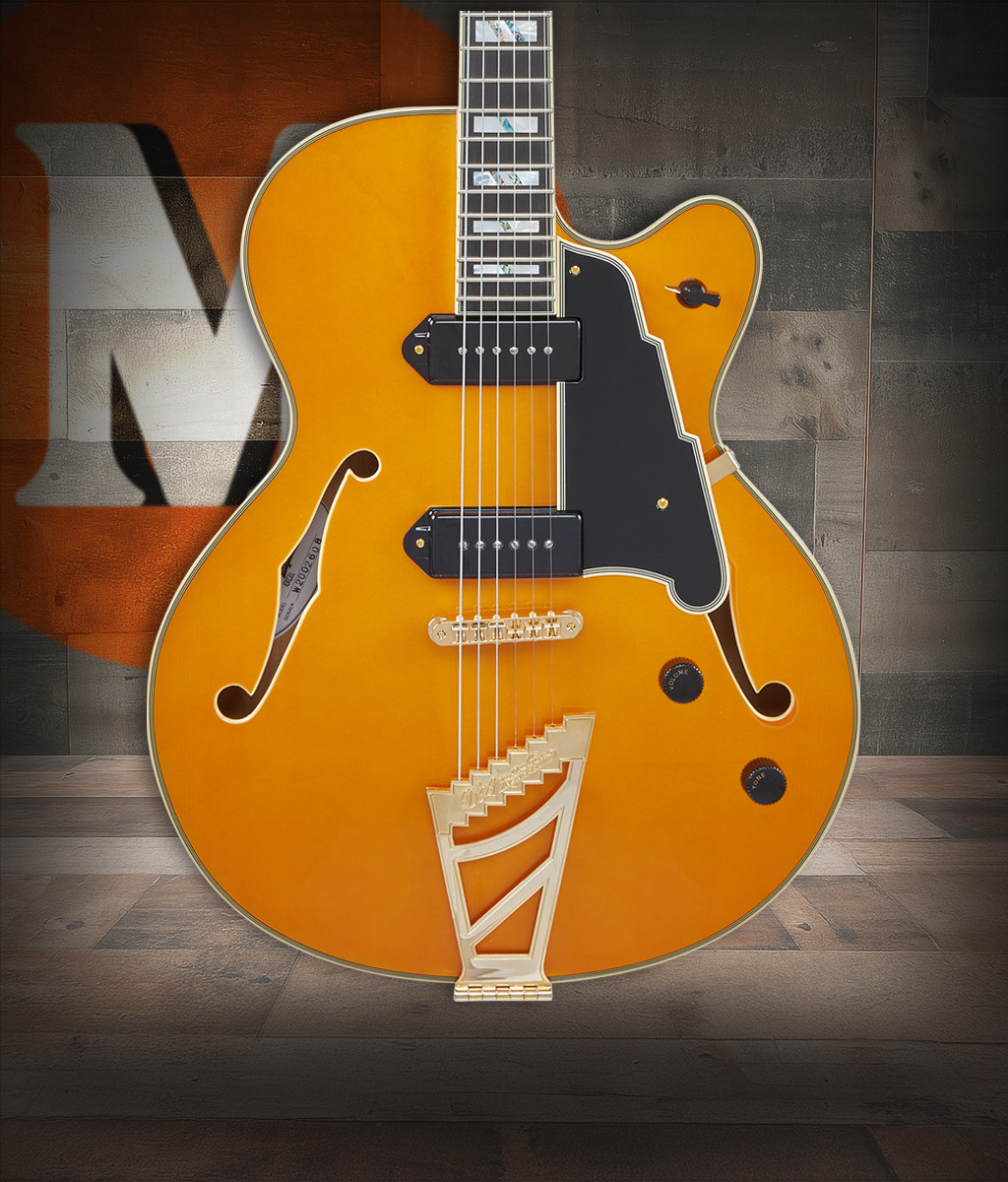 Dâ€™Angelico Excel 59 - Vintage Natural (DAE59VNATGT) featuring semi-hollow body design, Seymour Duncan pickups, elegant Vintage Natural finish, and premium Excel craftsmanship for warm, expressive tone.