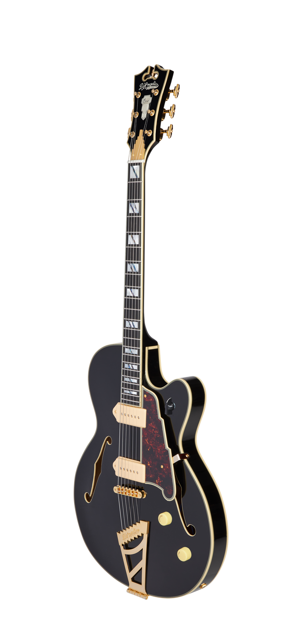 Dâ€™Angelico Excel 59 - Satin Black 2 (DAE59SBK2GT) featuring semi-hollow construction, Seymour Duncan pickups, smooth Satin Black finish, and refined Excel craftsmanship for warm, articulate jazz, blues, and classic rock tones.
