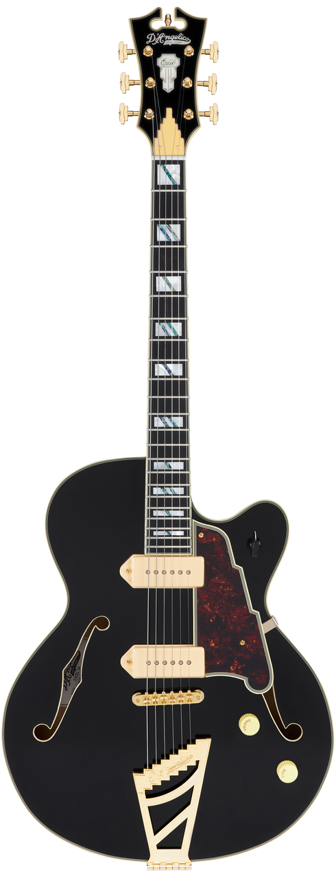 DÃ¢â‚¬â„¢Angelico Excel 59 - Satin Black 2 (DAE59SBK2GT) featuring semi-hollow construction, Seymour Duncan pickups, smooth Satin Black finish, and refined Excel craftsmanship for warm, articulate jazz, blues, and classic rock tones.