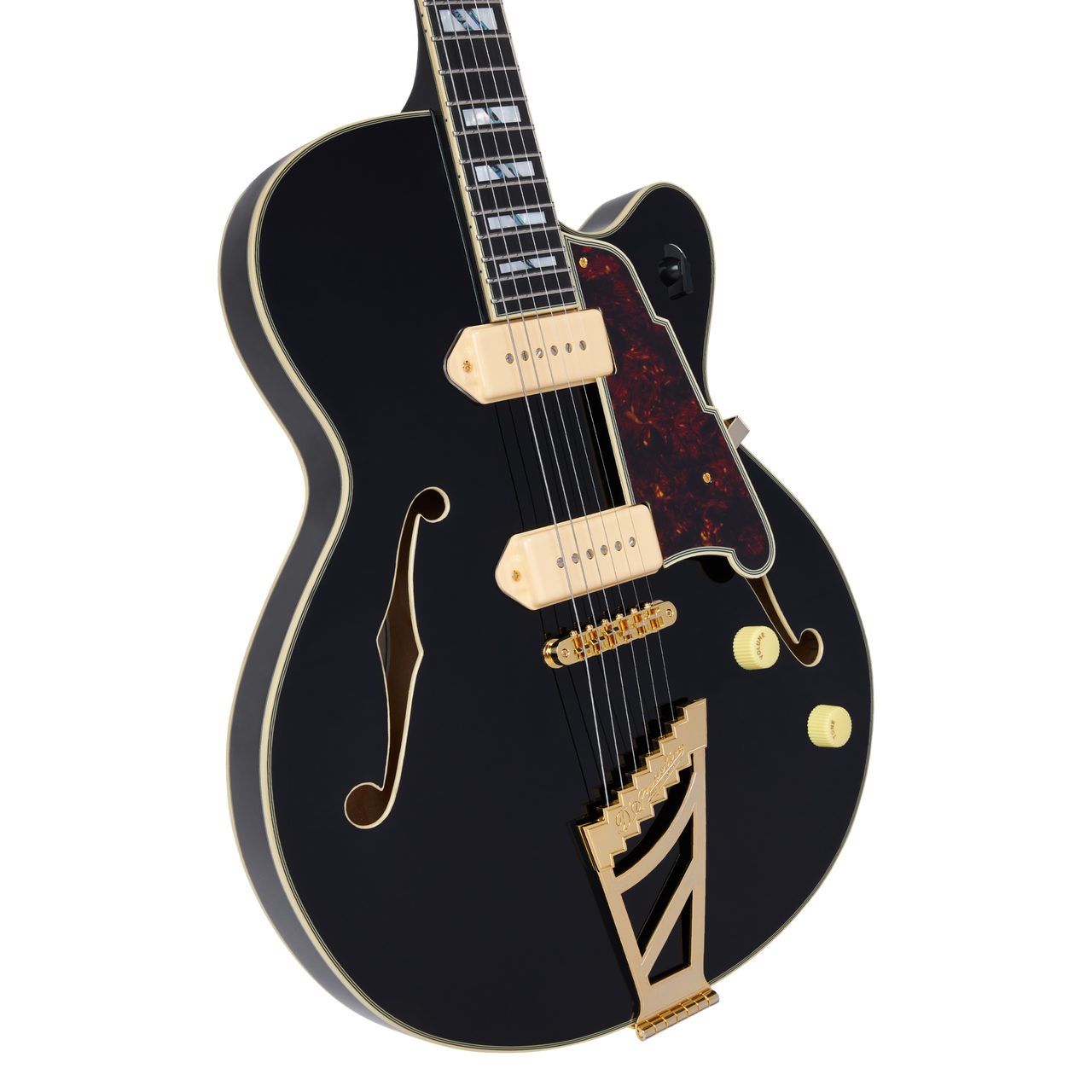 DÃ¢â‚¬â„¢Angelico Excel 59 - Satin Black 2 (DAE59SBK2GT) featuring semi-hollow construction, Seymour Duncan pickups, smooth Satin Black finish, and refined Excel craftsmanship for warm, articulate jazz, blues, and classic rock tones.