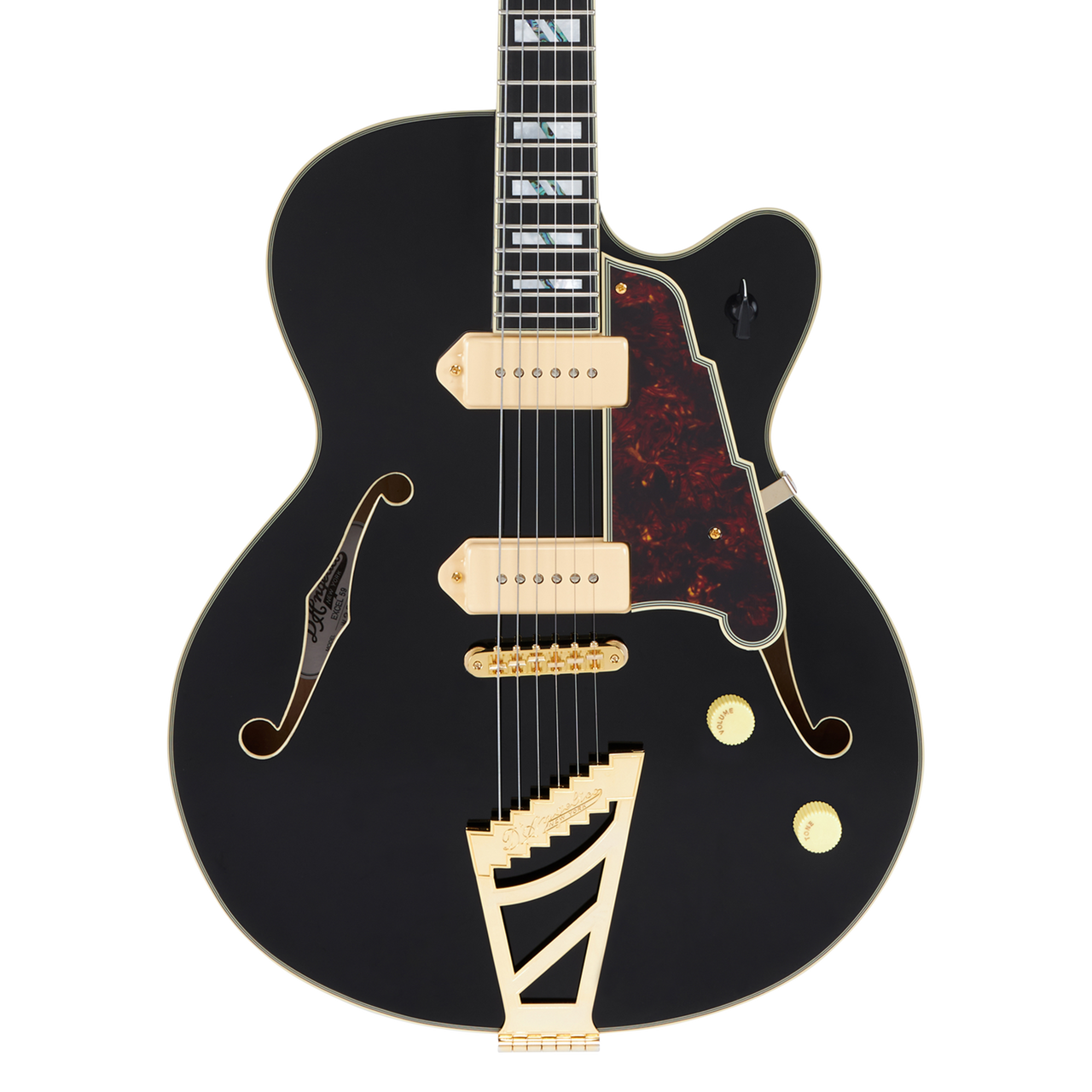 DÃ¢â‚¬â„¢Angelico Excel 59 - Satin Black 2 (DAE59SBK2GT) featuring semi-hollow construction, Seymour Duncan pickups, smooth Satin Black finish, and refined Excel craftsmanship for warm, articulate jazz, blues, and classic rock tones.