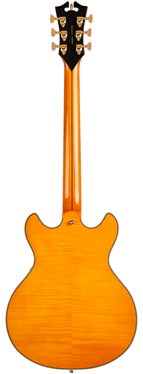 Dâ€™Angelico Excel Mini DC - Vintage Natural (DAEMINIDCVNATGS) featuring a compact semi-hollow body, Seymour Duncan pickups, and a classic Vintage Natural finish designed for expressive, versatile playing.