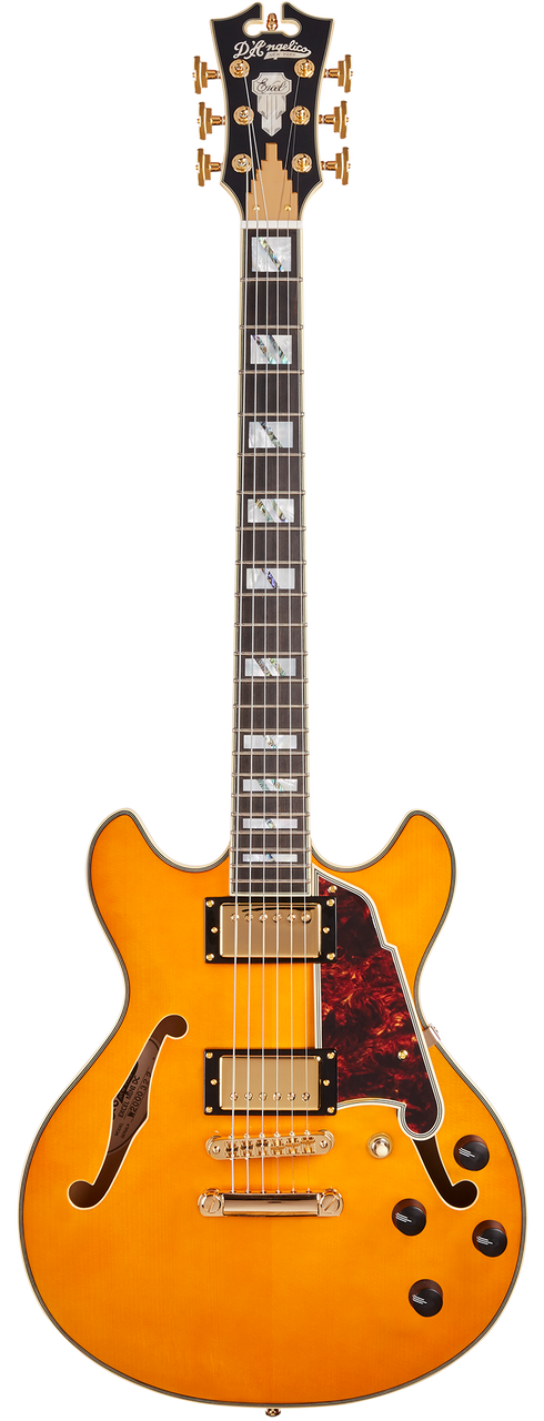Dâ€™Angelico Excel Mini DC - Vintage Natural (DAEMINIDCVNATGS) featuring a compact semi-hollow body, Seymour Duncan pickups, and a classic Vintage Natural finish designed for expressive, versatile playing.