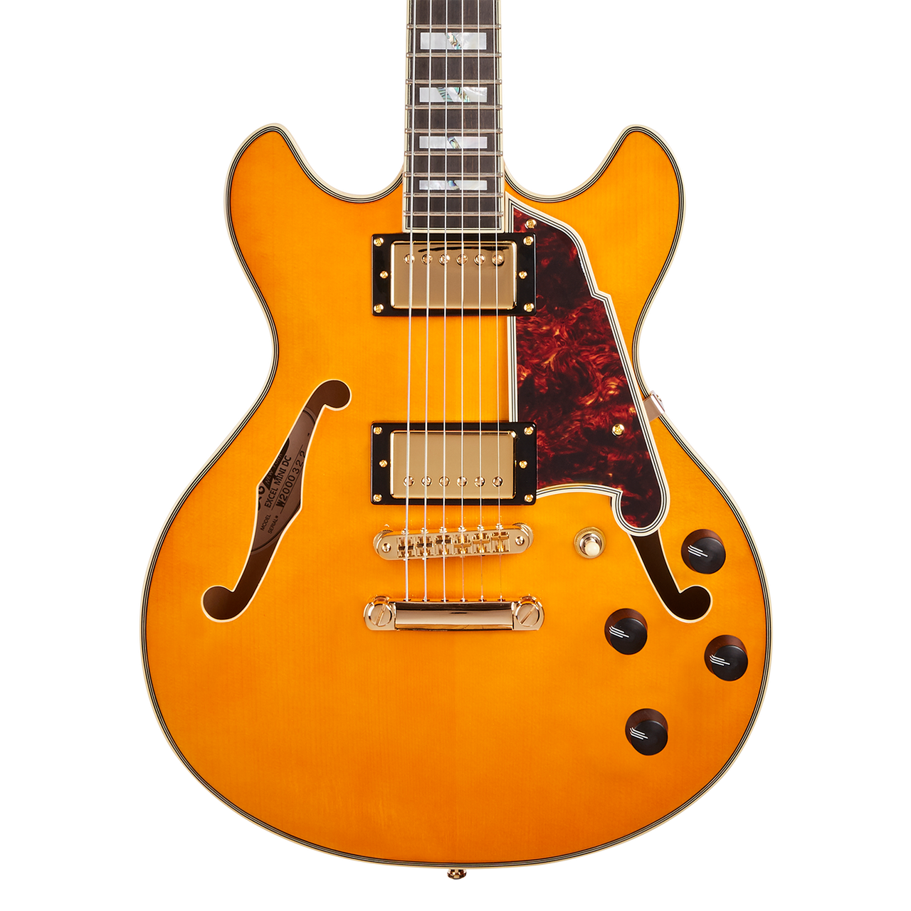 Dâ€™Angelico Excel Mini DC - Vintage Natural (DAEMINIDCVNATGS) featuring a compact semi-hollow body, Seymour Duncan pickups, and a classic Vintage Natural finish designed for expressive, versatile playing.