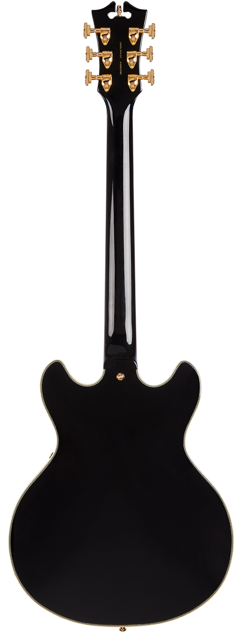 Dâ€™Angelico Excel Mini DC - Satin Black (DAEMINIDCSBKGS) featuring a compact semi-hollow body, Seymour Duncan pickups, and a smooth Satin Black finish for expressive and versatile modern tone.