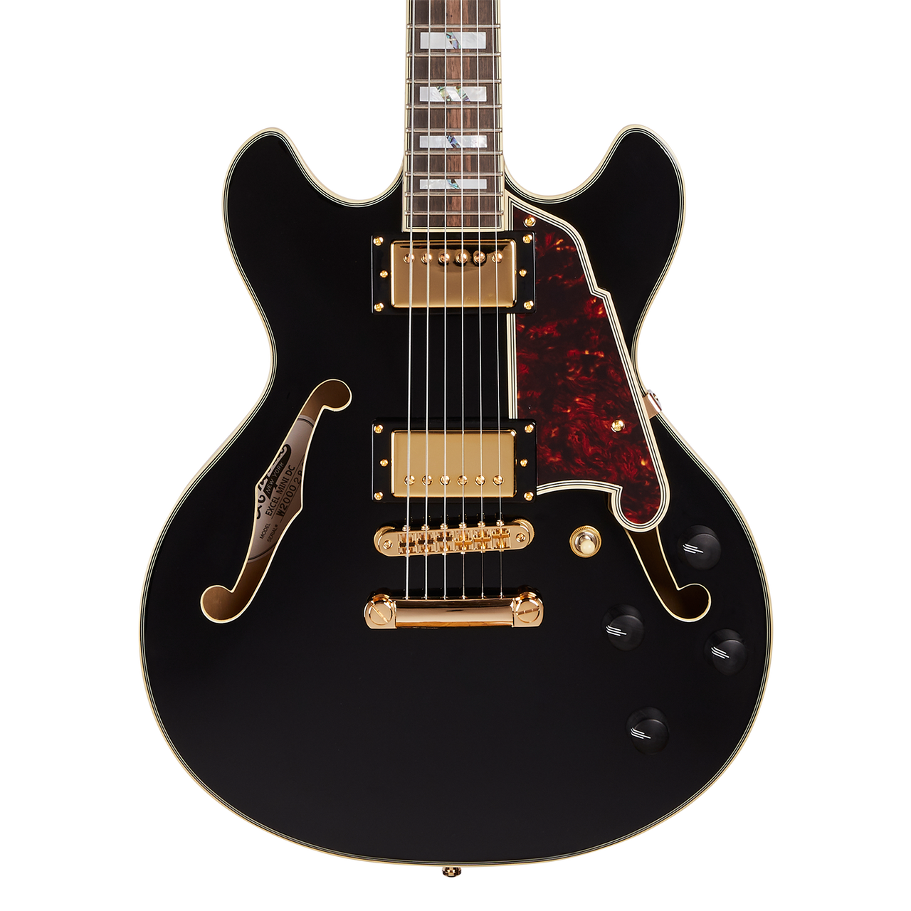 Dâ€™Angelico Excel Mini DC - Satin Black (DAEMINIDCSBKGS) featuring a compact semi-hollow body, Seymour Duncan pickups, and a smooth Satin Black finish for expressive and versatile modern tone.
