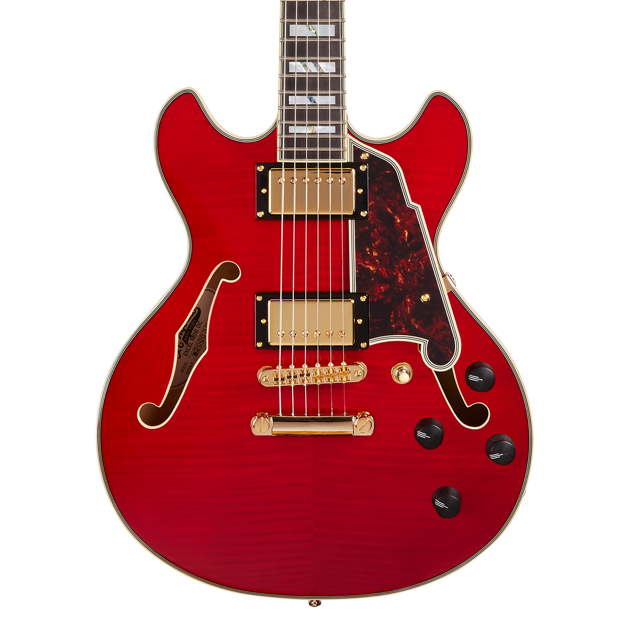 Dâ€™Angelico Excel Mini DC - Trans Cherry (DAEMINIDCTCHGS) featuring a compact semi-hollow body, Seymour Duncan pickups, and a bold Trans Cherry finish for expressive and versatile performance.