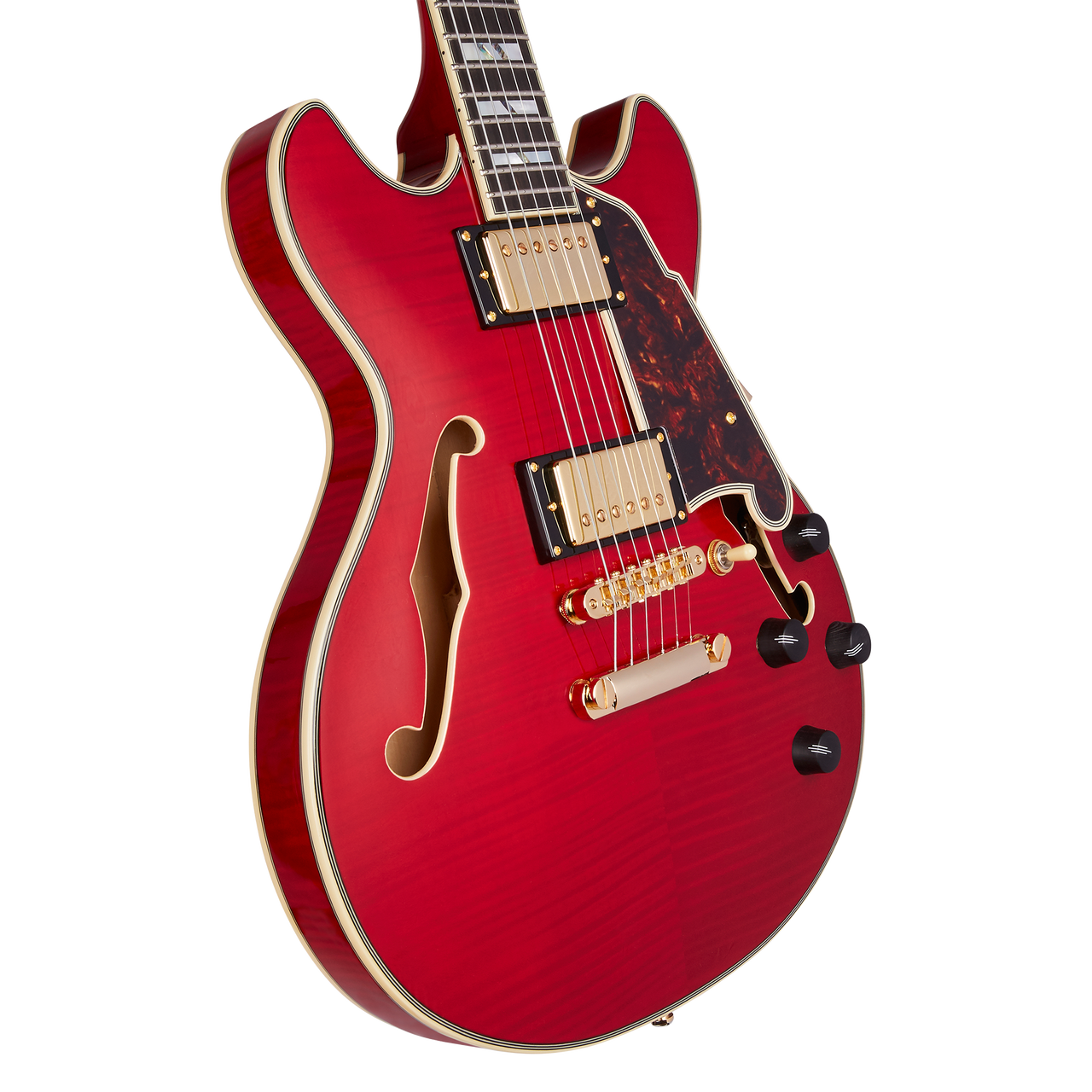 Dâ€™Angelico Excel Mini DC - Trans Cherry (DAEMINIDCTCHGS) featuring a compact semi-hollow body, Seymour Duncan pickups, and a bold Trans Cherry finish for expressive and versatile performance.