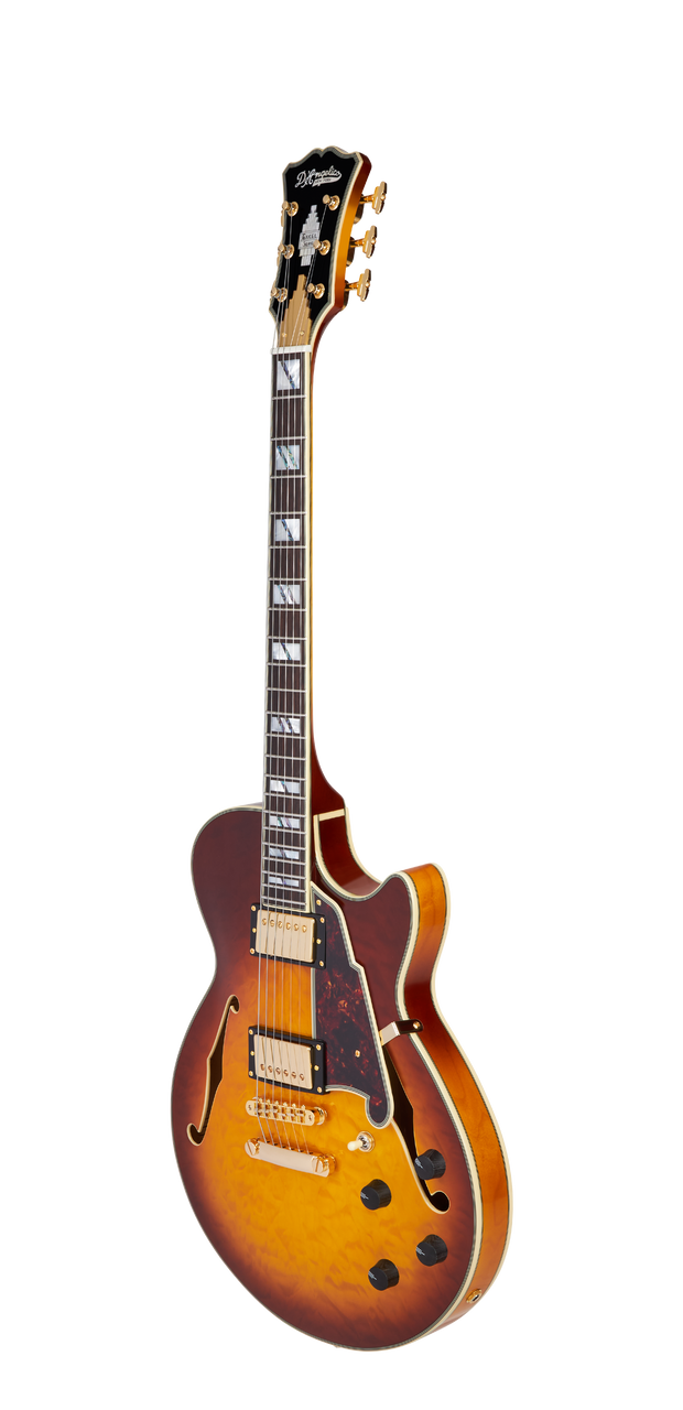 Dâ€™Angelico Excel SS XT - Iced Tea Burst Quilt (DAESSXTQITBGS) featuring a quilted maple top, semi-hollow single-cut body, Seymour Duncan pickups, and premium Iced Tea Burst finish for expressive jazz, blues, and rock tones.