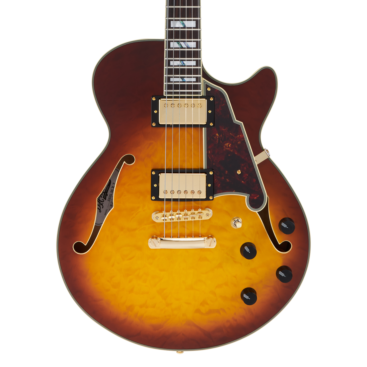Dâ€™Angelico Excel SS XT - Iced Tea Burst Quilt (DAESSXTQITBGS) featuring a quilted maple top, semi-hollow single-cut body, Seymour Duncan pickups, and premium Iced Tea Burst finish for expressive jazz, blues, and rock tones.