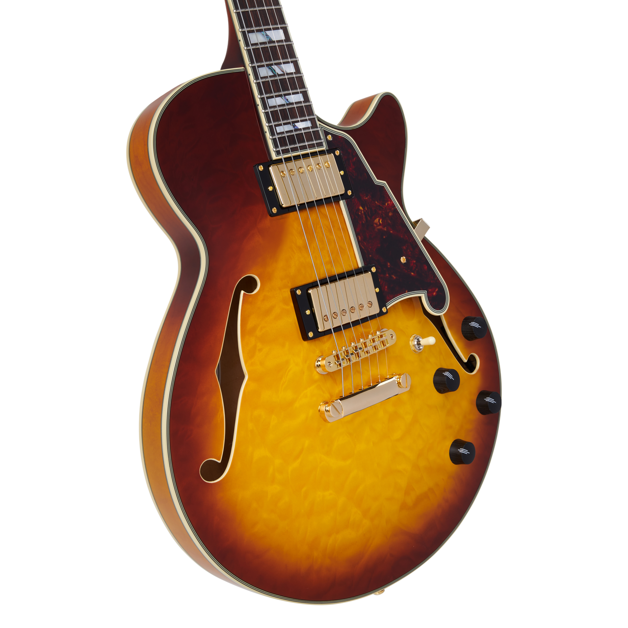 Dâ€™Angelico Excel SS XT - Iced Tea Burst Quilt (DAESSXTQITBGS) featuring a quilted maple top, semi-hollow single-cut body, Seymour Duncan pickups, and premium Iced Tea Burst finish for expressive jazz, blues, and rock tones.