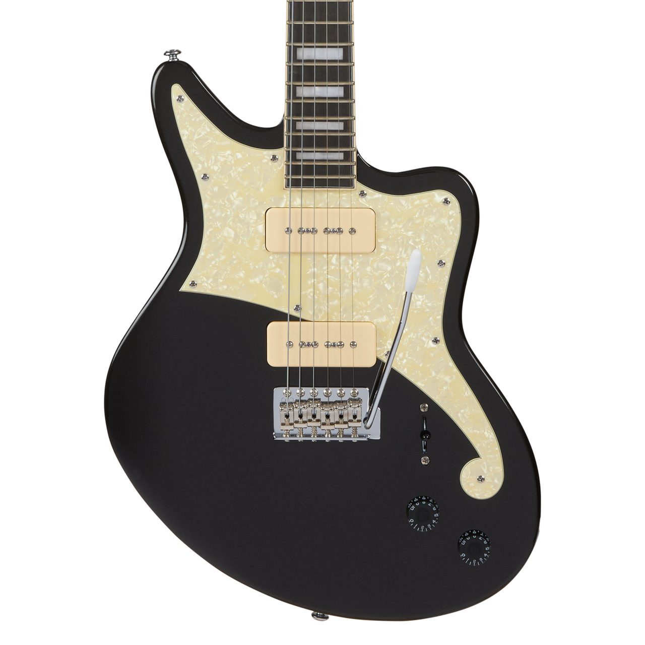 Dâ€™Angelico Premier Bedford - Black Flake (DAPBEDBLFCTR) featuring an offset body design, versatile pickup configuration, and a bold Black Flake finish for modern rock and alternative tones.