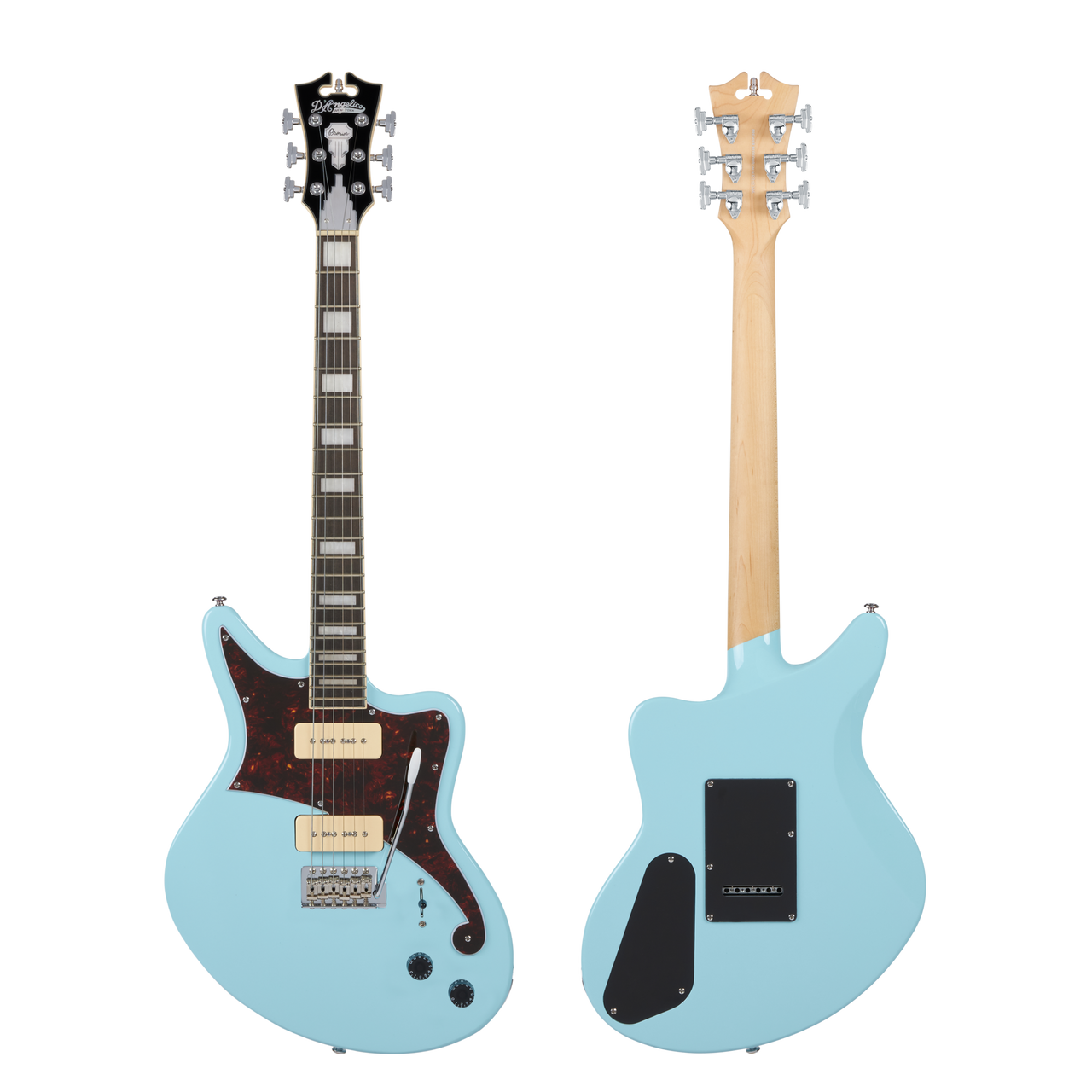 Dâ€™Angelico Premier Bedford - Sky Blue Metallic (DAPBEDSBMCTR) featuring an offset body shape, versatile pickups, comfortable neck profile, and a striking Sky Blue Metallic finish for modern rock and alternative styles.