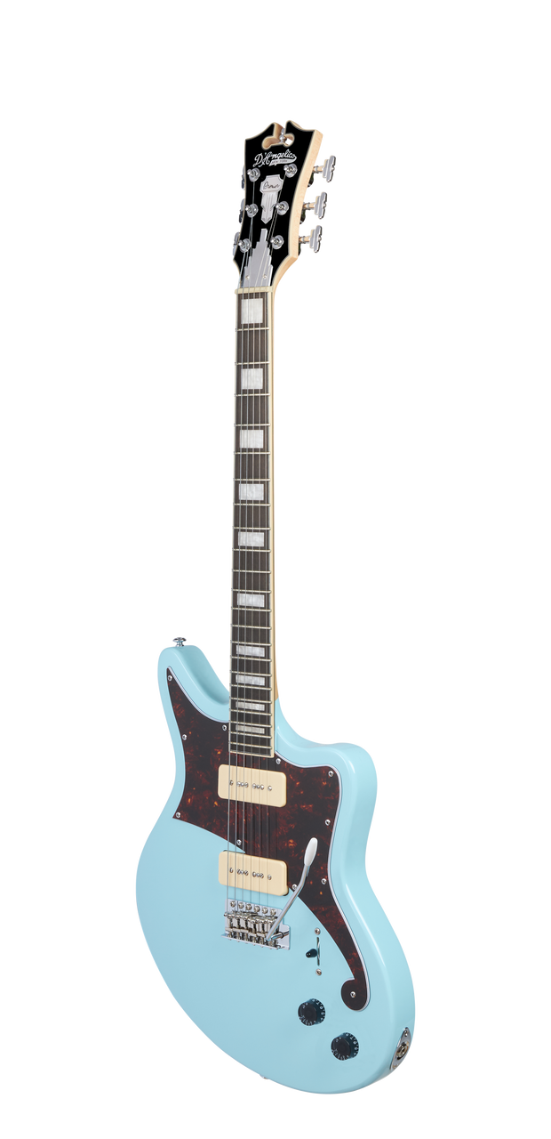 Dâ€™Angelico Premier Bedford - Sky Blue Metallic (DAPBEDSBMCTR) featuring an offset body shape, versatile pickups, comfortable neck profile, and a striking Sky Blue Metallic finish for modern rock and alternative styles.
