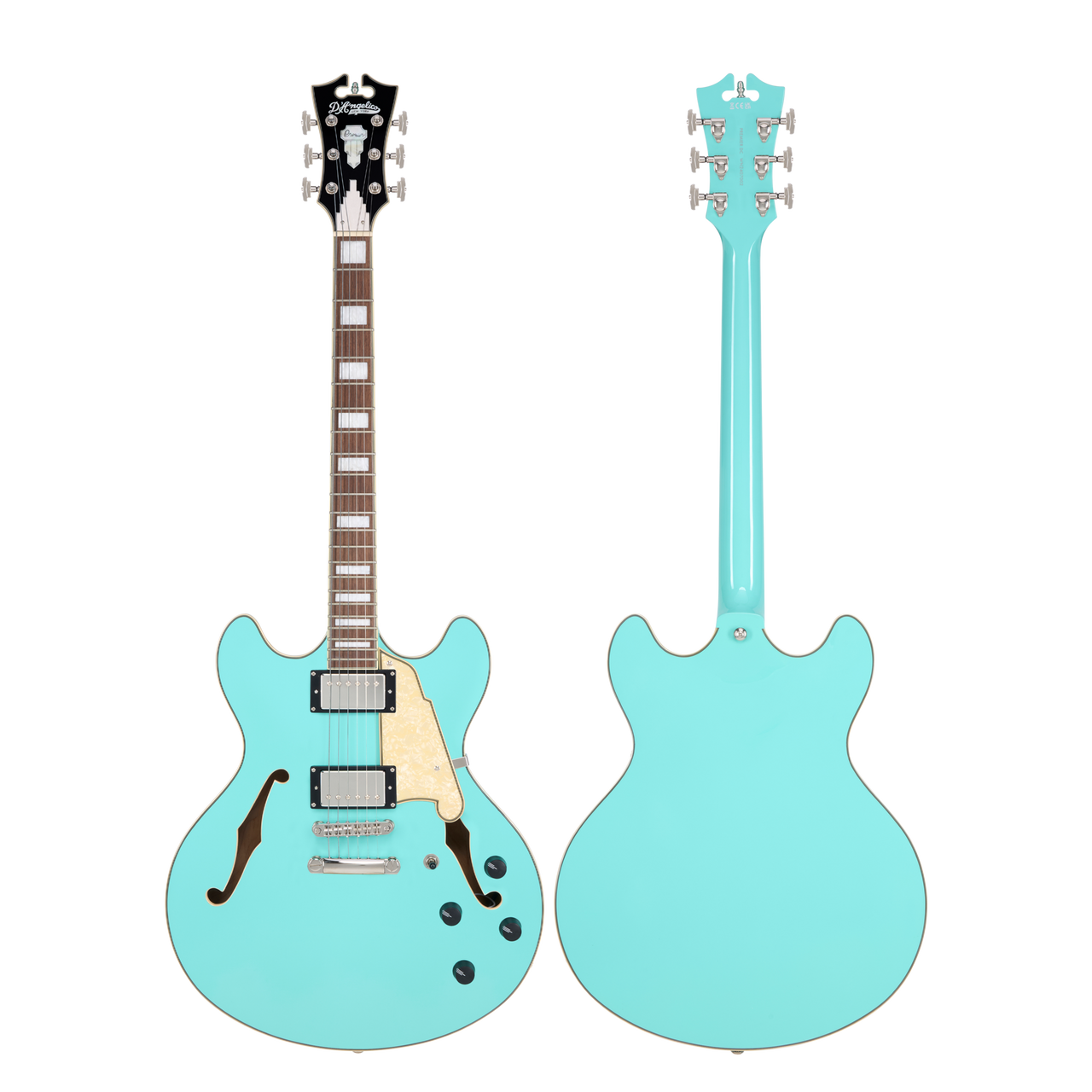 Dâ€™Angelico Premier DC - Sage Green (DAPDCSGRNS) featuring semi-hollow double-cut construction, versatile pickups, and a smooth Sage Green finish for expressive modern blues, jazz, and rock tones.