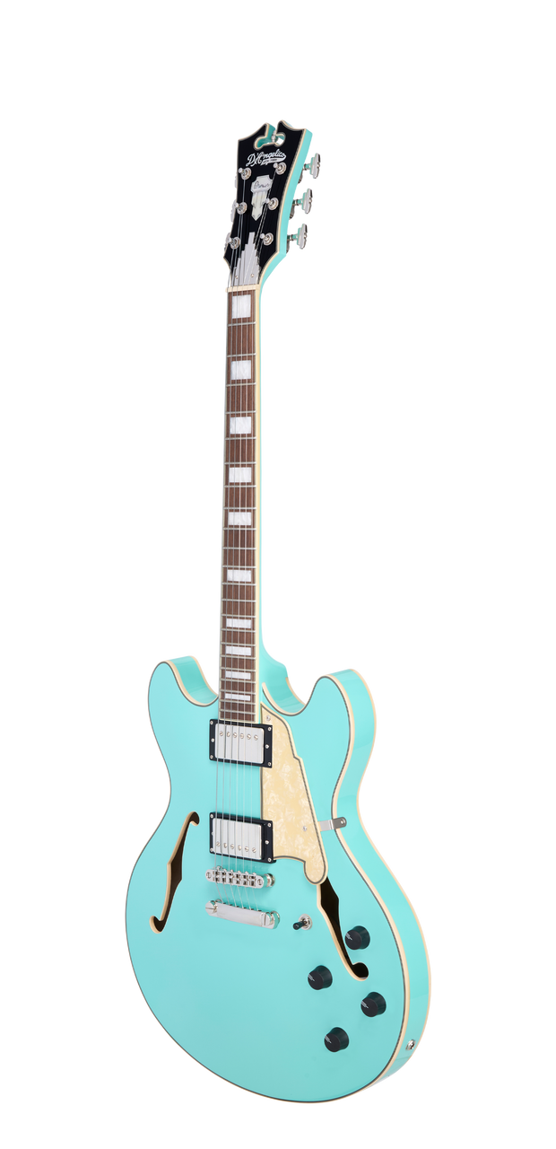 Dâ€™Angelico Premier DC - Sage Green (DAPDCSGRNS) featuring semi-hollow double-cut construction, versatile pickups, and a smooth Sage Green finish for expressive modern blues, jazz, and rock tones.