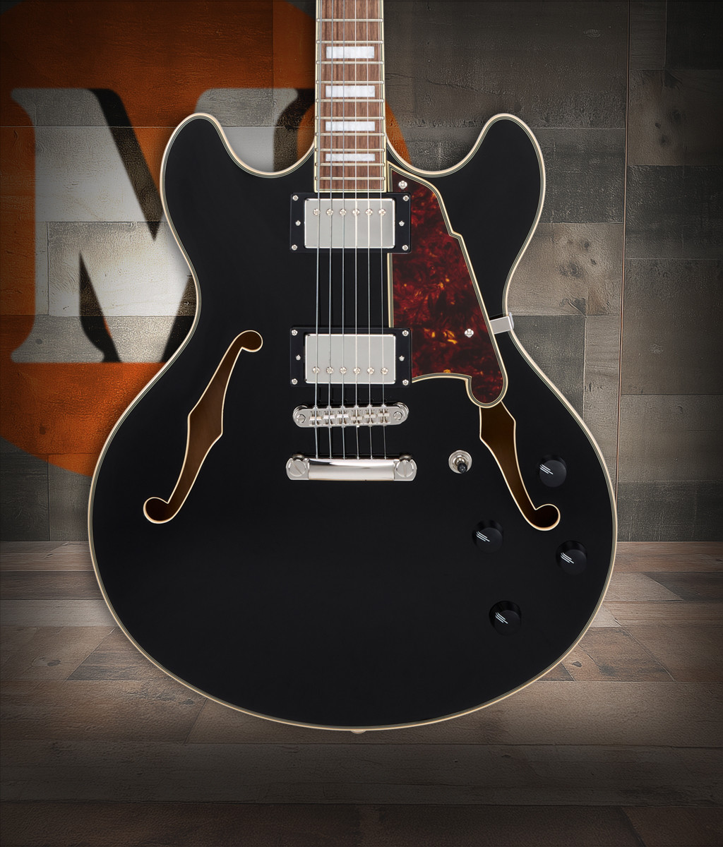 Dâ€™Angelico Premier DC - Black (DAPDCSBKNS) featuring a semi-hollow double-cut design, versatile pickup configuration, and a classic Black finish for expressive blues, jazz, and rock performance.