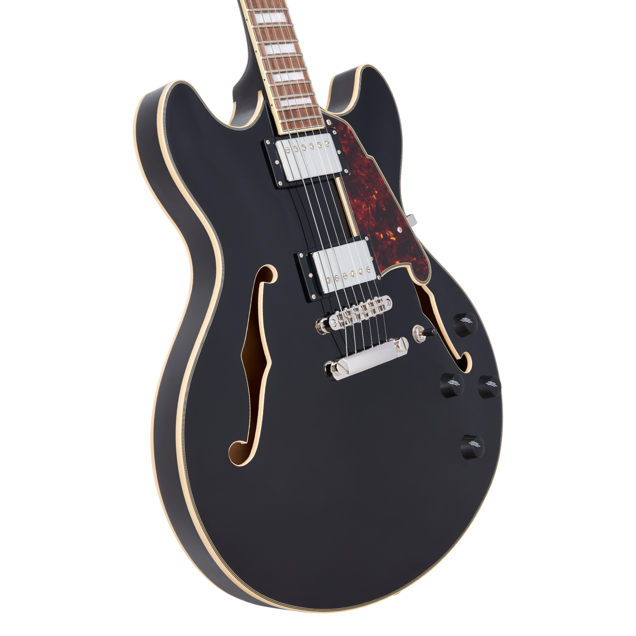 Dâ€™Angelico Premier DC - Black (DAPDCSBKNS) featuring a semi-hollow double-cut design, versatile pickup configuration, and a classic Black finish for expressive blues, jazz, and rock performance.