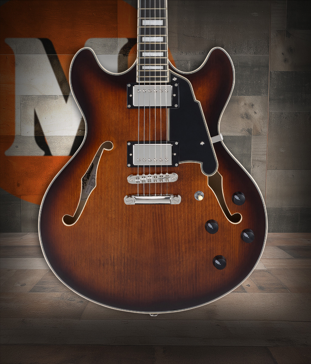 Dâ€™Angelico Premier DC with Gig Bag - Brown Burst (DAPDCBRBNS) featuring a semi-hollow double-cut body, dual humbuckers, smooth neck profile, and a warm Brown Burst finish with an included padded gig bag.
