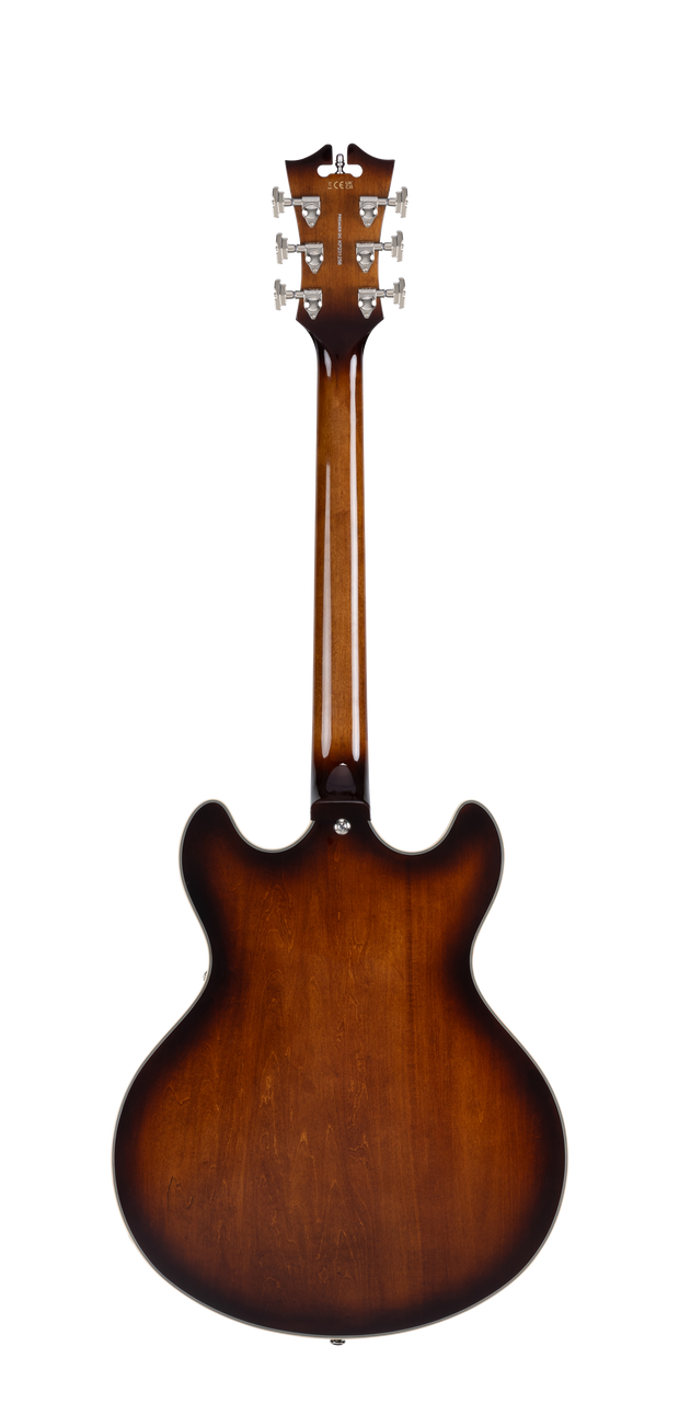 DÃ¢â‚¬â„¢Angelico Premier DC with Gig Bag - Brown Burst (DAPDCBRBNS) featuring a semi-hollow double-cut body, dual humbuckers, smooth neck profile, and a warm Brown Burst finish with an included padded gig bag.