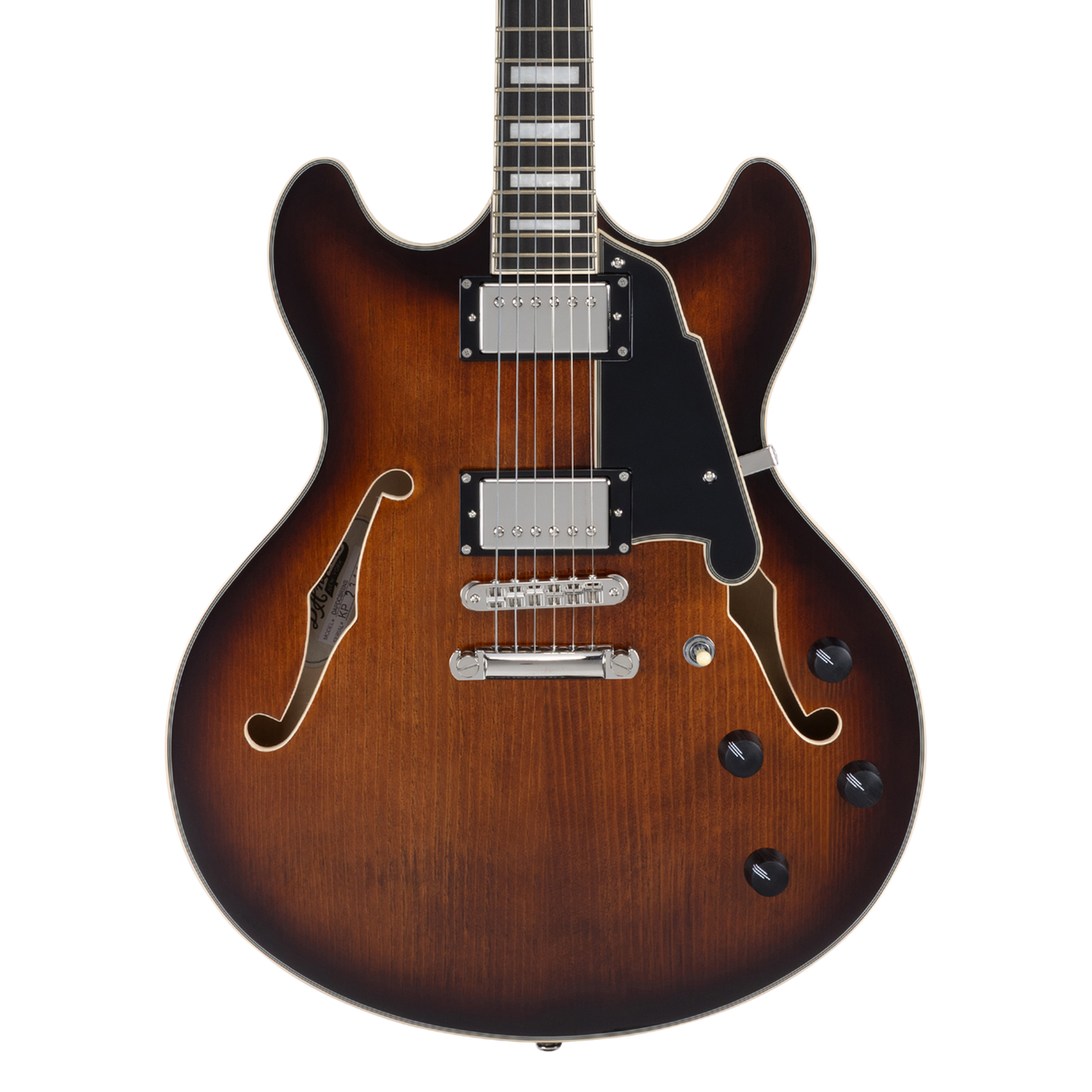 Dâ€™Angelico Premier DC with Gig Bag - Brown Burst (DAPDCBRBNS) featuring a semi-hollow double-cut body, dual humbuckers, smooth neck profile, and a warm Brown Burst finish with an included padded gig bag.