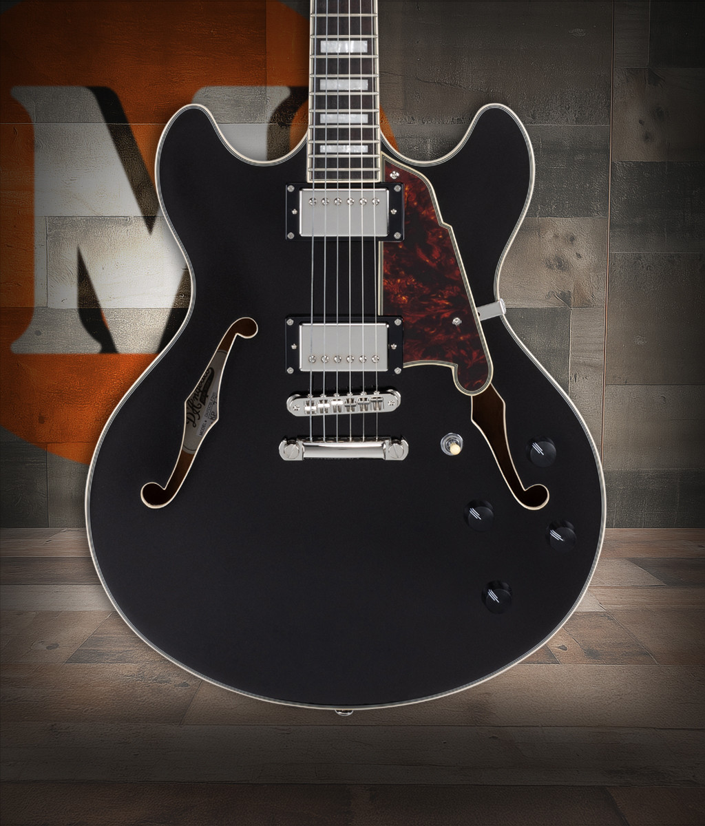 Dâ€™Angelico Premier DC with Gig Bag - Black Flake (DAPDCBLF2NS) featuring a semi-hollow double-cut body, Black Flake finish, dual humbuckers, smooth neck profile, and an included padded gig bag for easy transport.