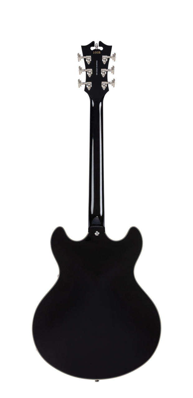 Dâ€™Angelico Premier DC with Gig Bag - Black Flake (DAPDCBLF2NS) featuring a semi-hollow double-cut body, Black Flake finish, dual humbuckers, smooth neck profile, and an included padded gig bag for easy transport.