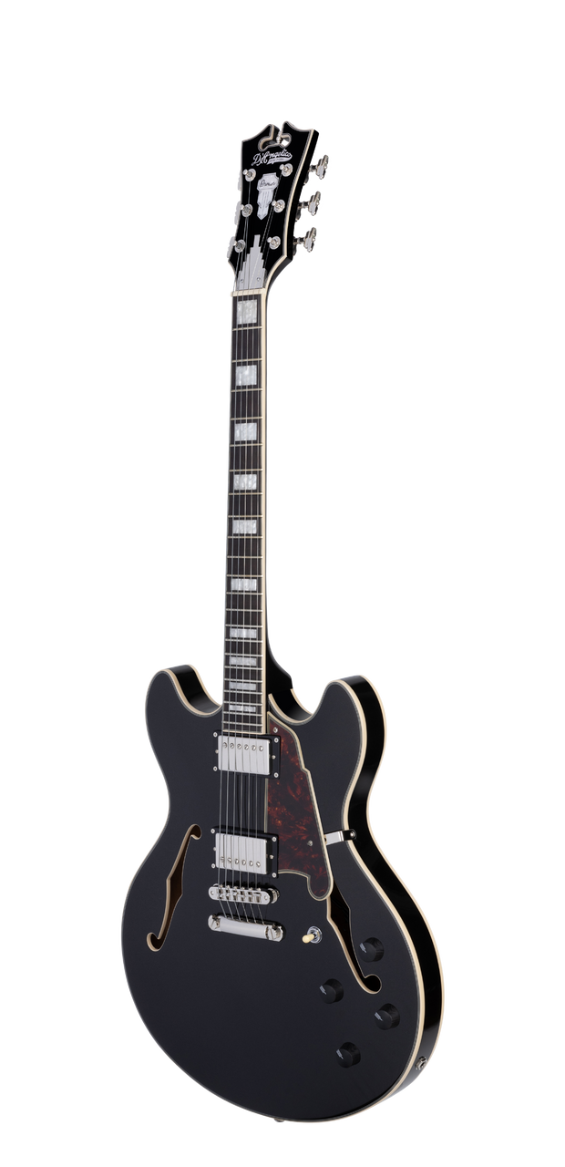 Dâ€™Angelico Premier DC with Gig Bag - Black Flake (DAPDCBLF2NS) featuring a semi-hollow double-cut body, Black Flake finish, dual humbuckers, smooth neck profile, and an included padded gig bag for easy transport.
