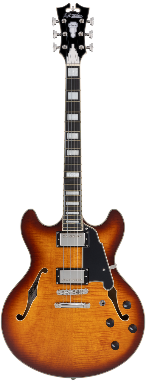 Dâ€™Angelico Premier DC - Dark Iced Tea Burst (DAPDCDITBNS) featuring a semi-hollow double cutaway body, stop-bar tailpiece, dual humbuckers, and a warm Dark Iced Tea Burst finish with included padded gig bag.