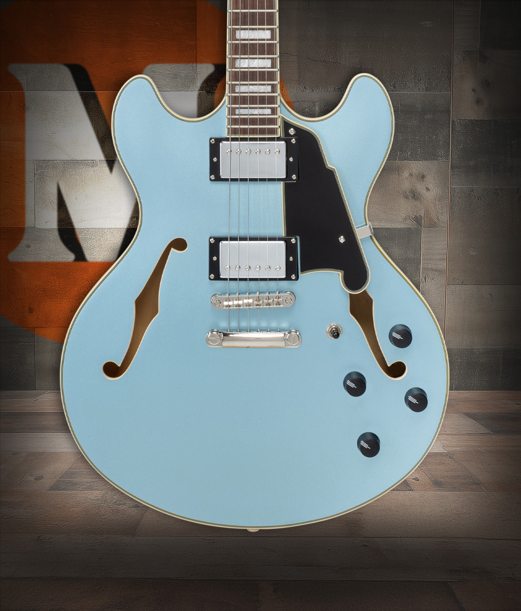 Dâ€™Angelico Premier DC - Sky Blue (DAPDCSKBCS) featuring a semi-hollow double cutaway body, stop-bar tailpiece, dual humbuckers, smooth neck profile, and a vivid Sky Blue finish with included padded gig bag.