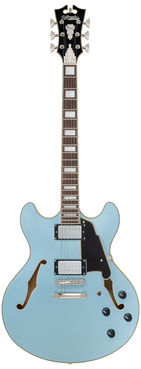 Dâ€™Angelico Premier DC - Sky Blue (DAPDCSKBCS) featuring a semi-hollow double cutaway body, stop-bar tailpiece, dual humbuckers, smooth neck profile, and a vivid Sky Blue finish with included padded gig bag.