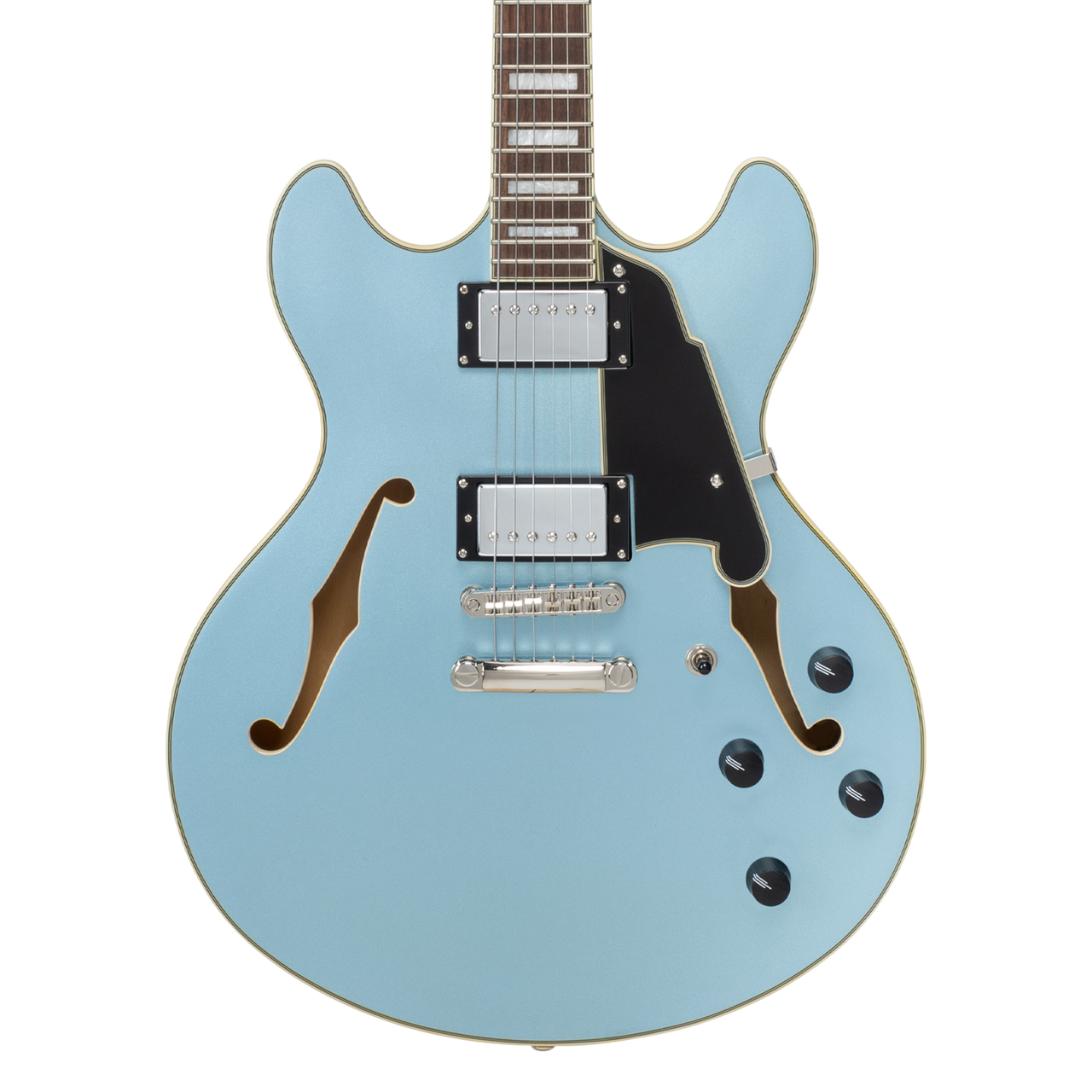 Dâ€™Angelico Premier DC - Sky Blue (DAPDCSKBCS) featuring a semi-hollow double cutaway body, stop-bar tailpiece, dual humbuckers, smooth neck profile, and a vivid Sky Blue finish with included padded gig bag.