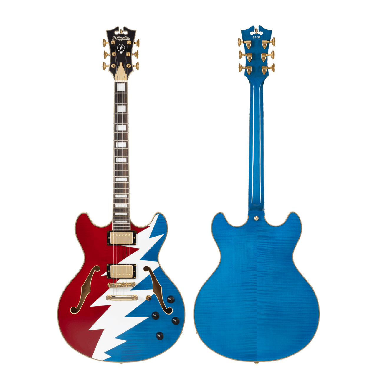 DÃ¢â‚¬â„¢Angelico Premier Grateful Dead DC - Red, White, and Blue Lightning Bolt (DAPDCSYF) featuring custom Grateful Dead Lightning Bolt artwork, semi-hollow double-cut body, stop-bar tailpiece, dual humbuckers, and an included custom gig bag.