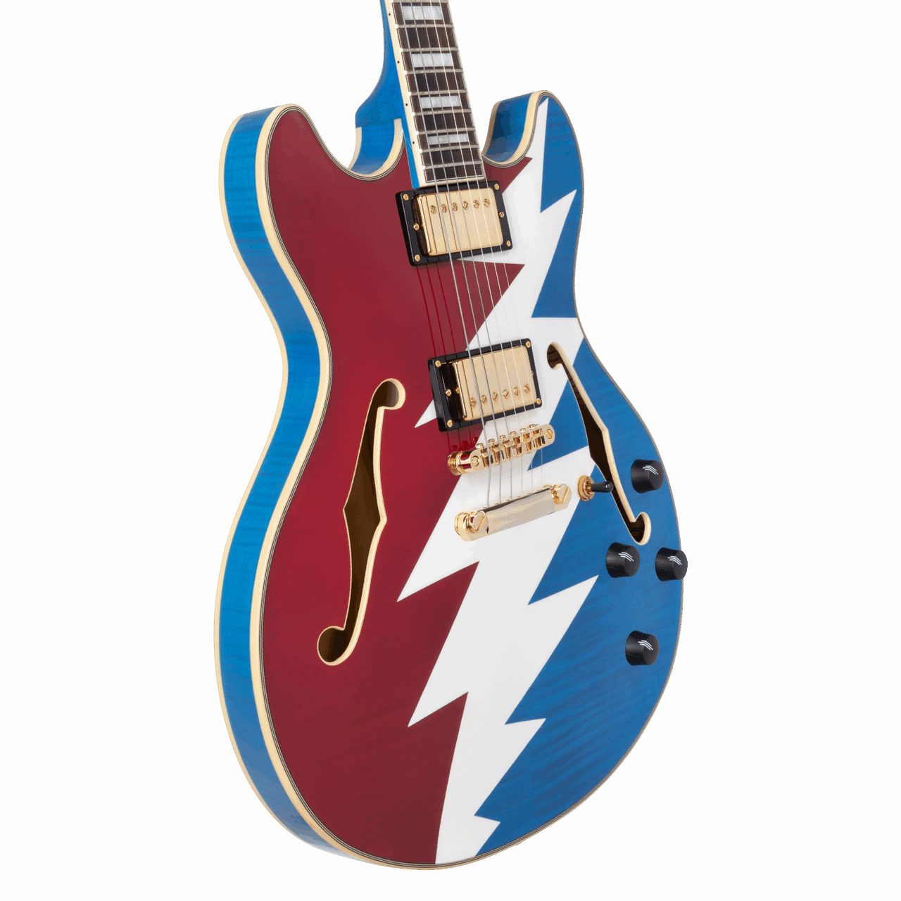 DÃ¢â‚¬â„¢Angelico Premier Grateful Dead DC - Red, White, and Blue Lightning Bolt (DAPDCSYF) featuring custom Grateful Dead Lightning Bolt artwork, semi-hollow double-cut body, stop-bar tailpiece, dual humbuckers, and an included custom gig bag.
