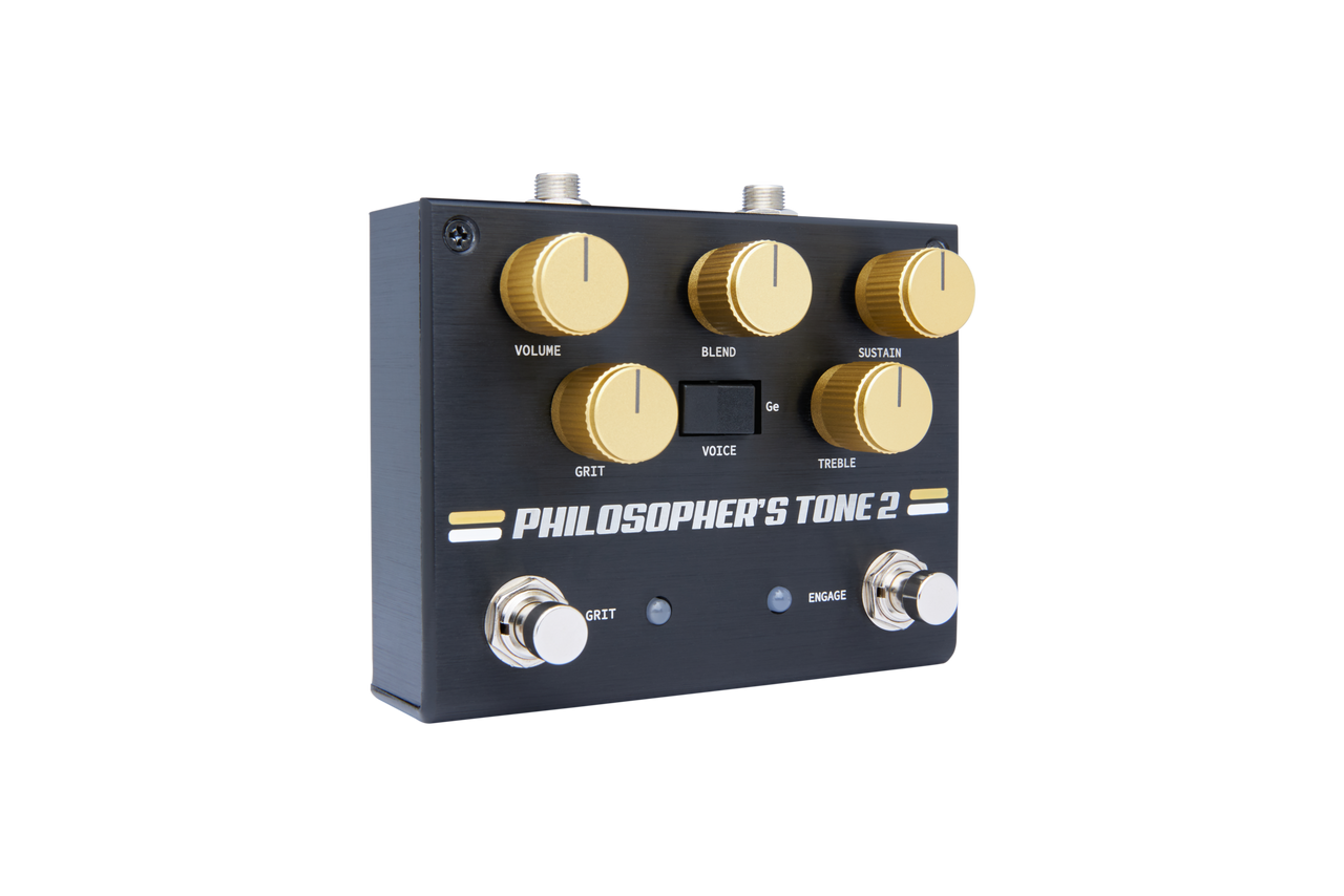Pigtronix Philosopher’s Tone 2 Compressor Sustainer with Grit (PT2) featuring studio-quality compression, extended sustain, and adjustable grit overdrive blend for enhanced tone shaping.