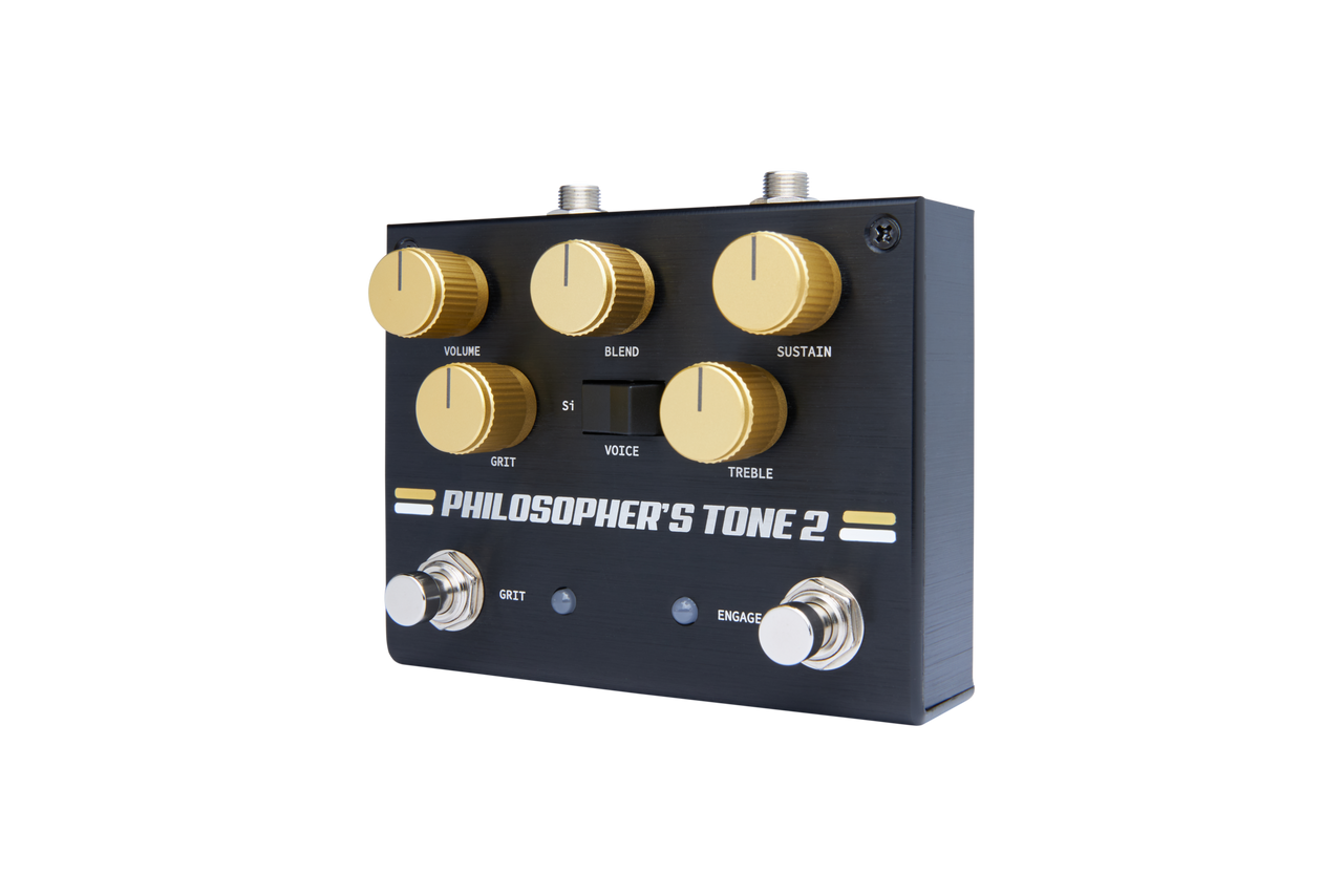 Pigtronix Philosopher’s Tone 2 Compressor Sustainer with Grit (PT2) featuring studio-quality compression, extended sustain, and adjustable grit overdrive blend for enhanced tone shaping.