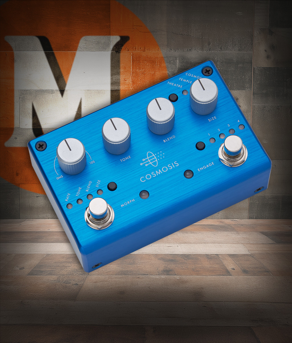 Pigtronix Cosmosis Stereo Reverb with Morphing (COS) featuring stereo ambient algorithms, morphing capability between modes, and deep atmospheric sound design for experimental and modern guitar tones.