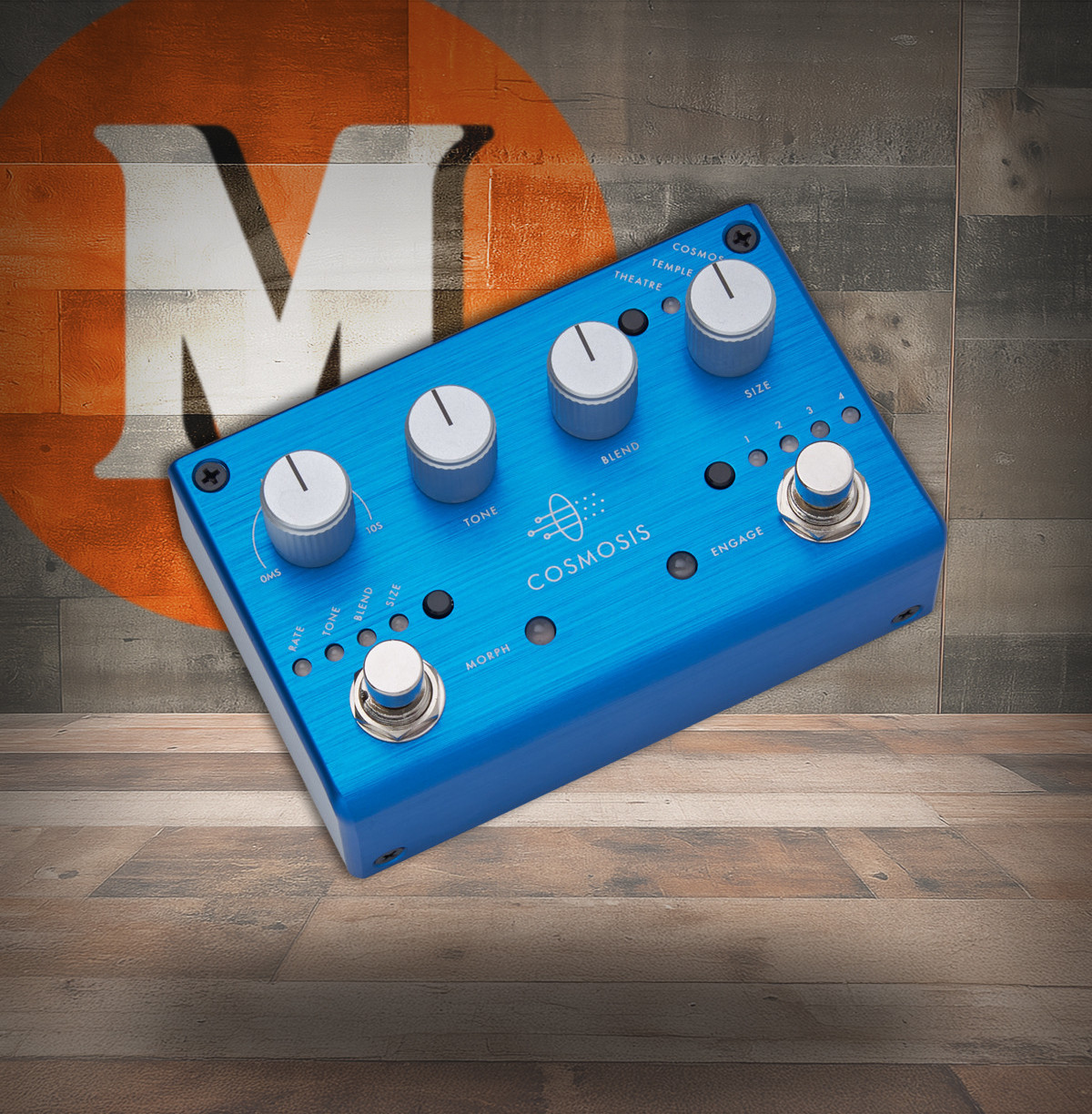 Pigtronix Cosmosis Stereo Reverb with Morphing (COS) featuring stereo ambient algorithms, morphing capability between modes, and deep atmospheric sound design for experimental and modern guitar tones.