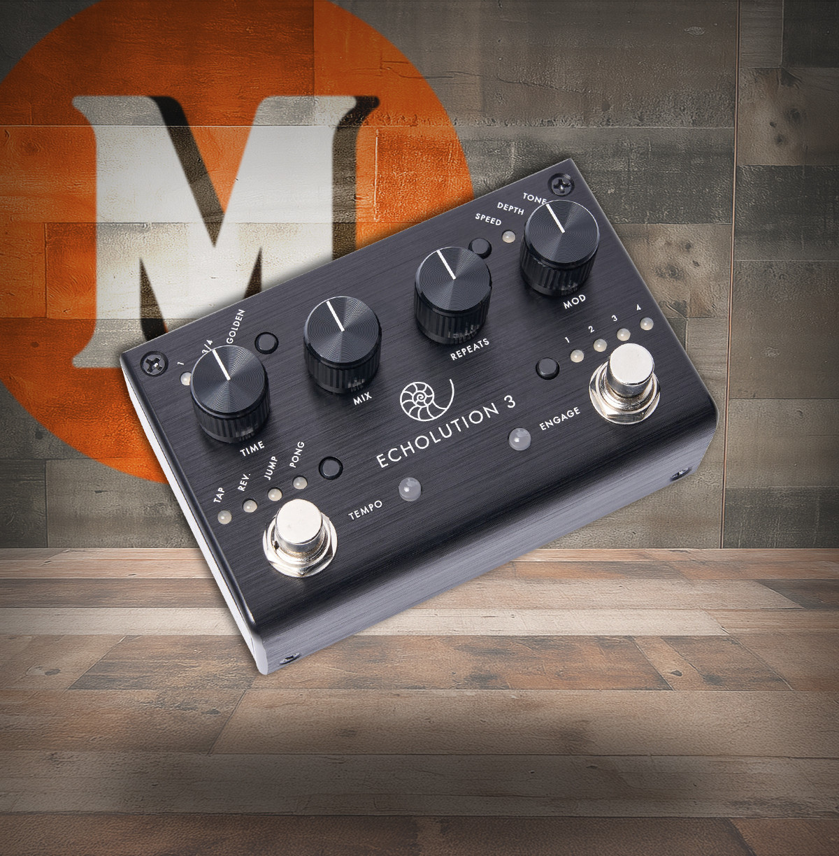 Pigtronix Echolution 3 Stereo Multi-Tap Delay (E3) featuring high-fidelity stereo repeats, multi-tap rhythmic delay patterns, modulation controls, and deep sound-shaping options for ambient and experimental guitar effects.