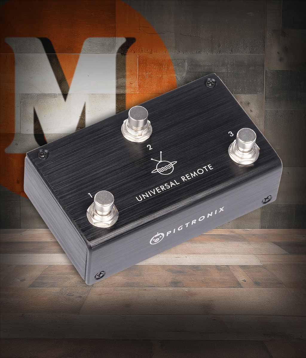 Pigtronix Universal Remote (URS) 3-button passive footswitch featuring rugged metal construction, passive switching design, and compatibility with multiple Pigtronix pedals for hands-free control.
