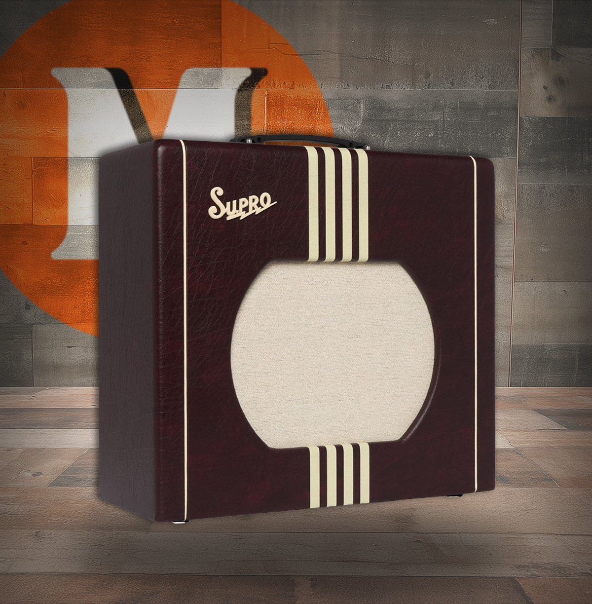 Supro Delta King 12 - 15-Watt 1x12 Combo Amp with Reverb (1822RBURC) featuring Burgundy & Cream styling, tube-driven tone, onboard reverb, and a powerful 12-inch Supro speaker for vintage-inspired stage and studio performance.