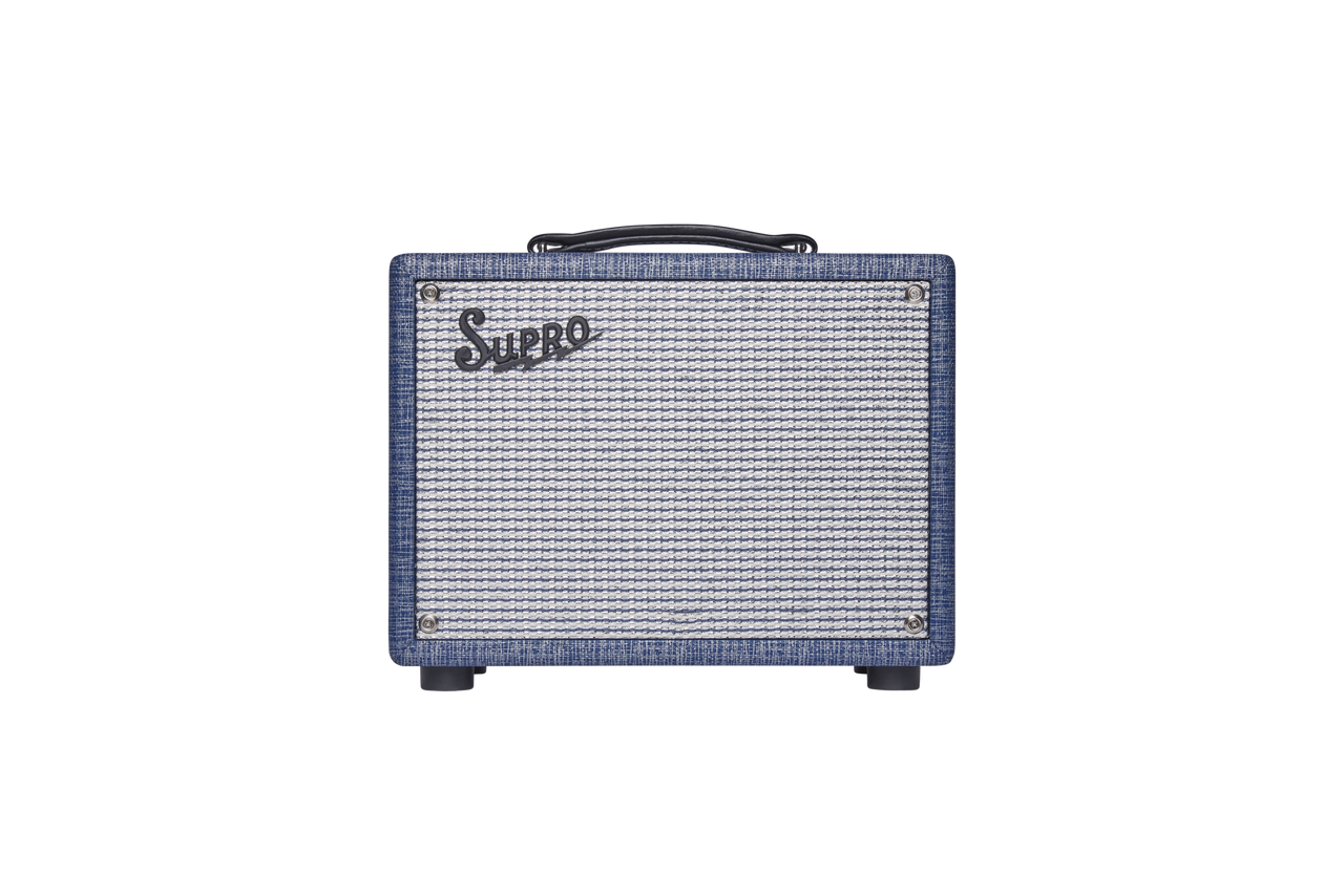 Supro â€™64 Super - 5-Watt 1x8 Combo Amp (1606J) featuring Blue Rhino tolex, Class A tube circuitry, touch-sensitive breakup, and a compact 8-inch speaker for vintage recording and home use.