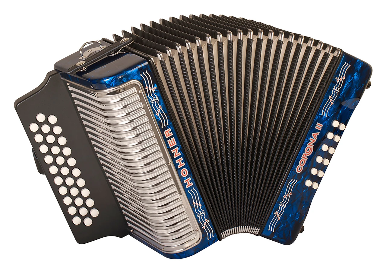 Hohner Corona II FBbEb Accordion - Pearl Dark Blue (3500BL) featuring a deep pearl blue finish, 31-button FBbEb tuning layout, durable bellows, and classic Hohner craftsmanship for authentic Tex-Mex and NorteÃƒÂ±o performance.