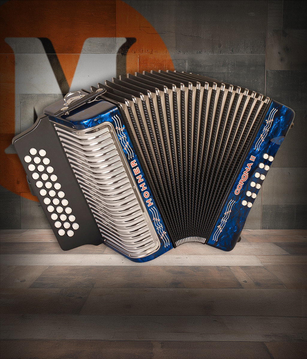 Hohner Corona II FBbEb Accordion - Pearl Dark Blue (3500BL) featuring a deep pearl blue finish, 31-button FBbEb tuning layout, durable bellows, and classic Hohner craftsmanship for authentic Tex-Mex and NorteÃ±o performance.