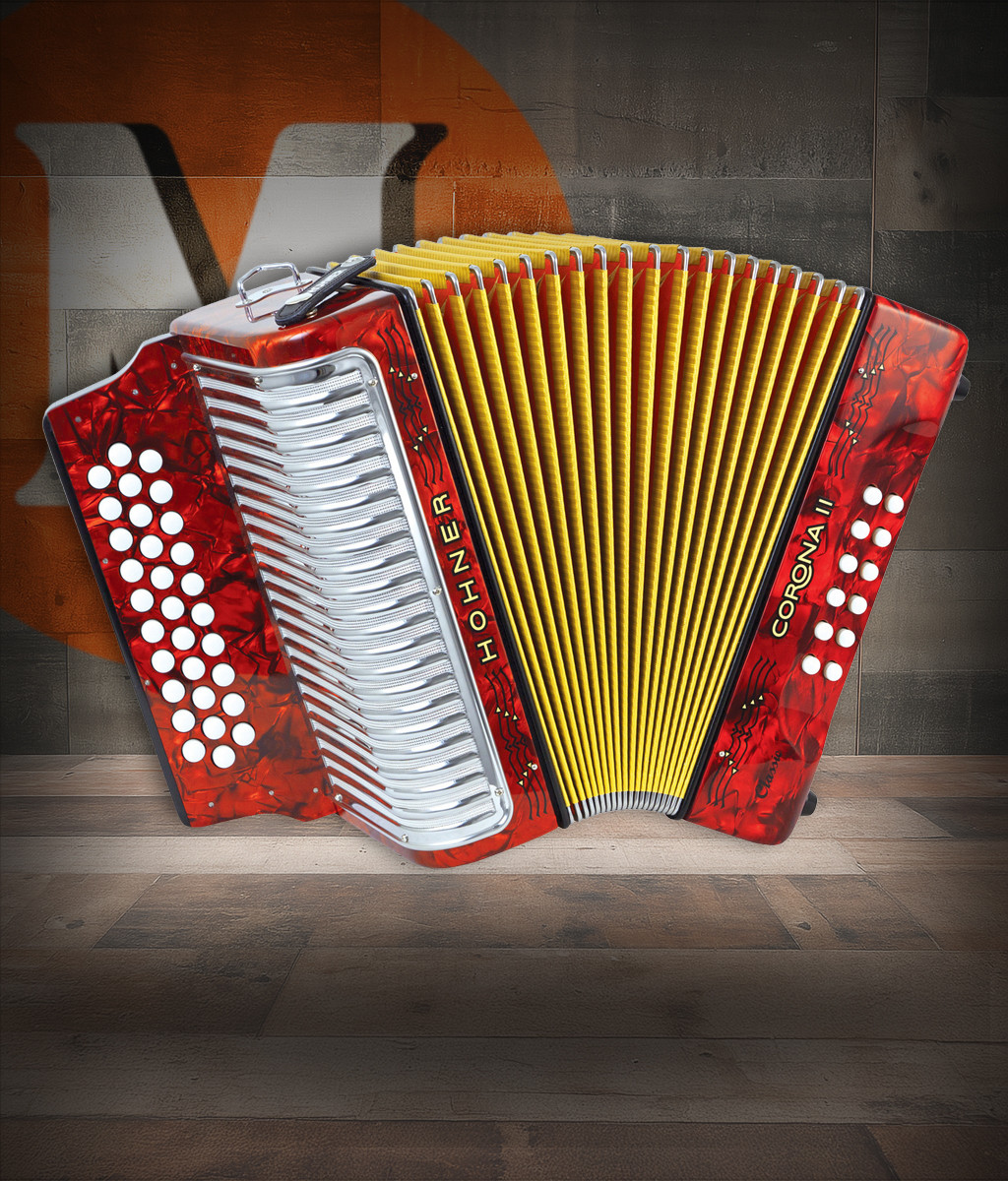 Hohner Corona II Classic FBbEb Accordion - Pearl Red (3523FR) featuring a vibrant pearl red finish, 31-button FBbEb tuning, responsive bellows, and premium Hohner craftsmanship ideal for Tex-Mex, NorteÃ±o, and folk genres.
