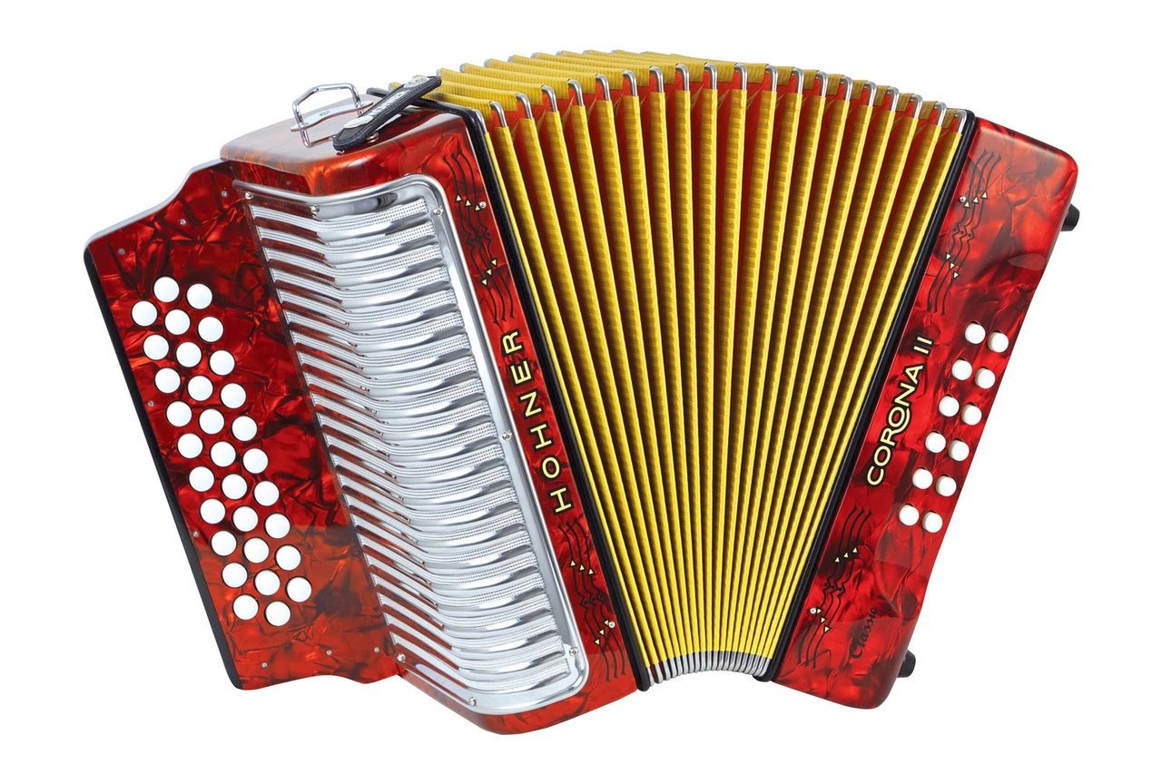 Hohner Corona II Classic FBbEb Accordion - Pearl Red (3523FR) featuring a vibrant pearl red finish, 31-button FBbEb tuning, responsive bellows, and premium Hohner craftsmanship ideal for Tex-Mex, NorteÃƒÂ±o, and folk genres.
