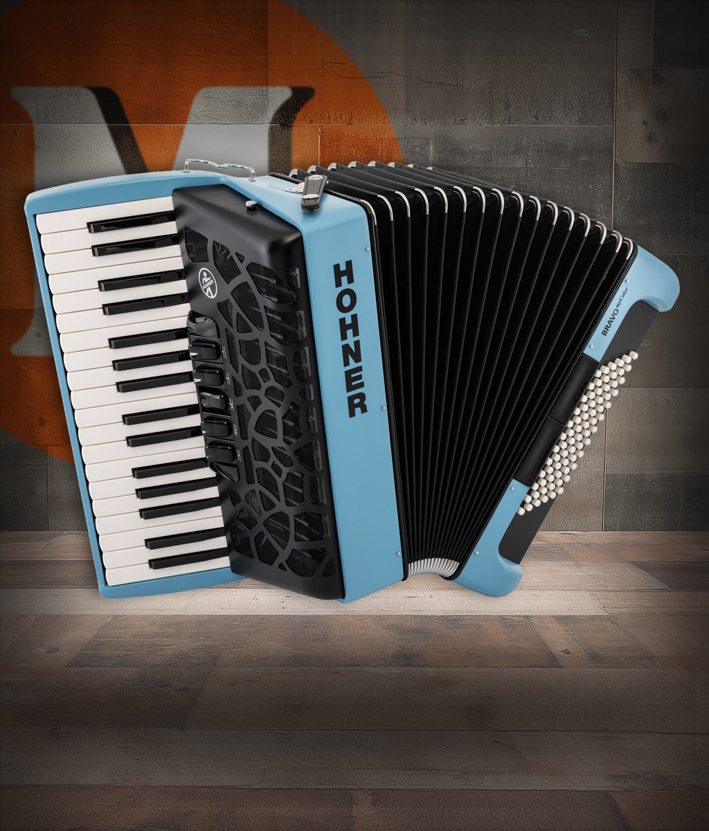 Hohner Bravo MyColor Chromatic 72 Bass Piano Accordion â€“ Sky Rich Blue (BR72-RB) featuring a striking Rich Blue MyColor finish, smooth keyboard action, responsive bellows, and a classic 72-bass chromatic layout for students and intermediate performers.