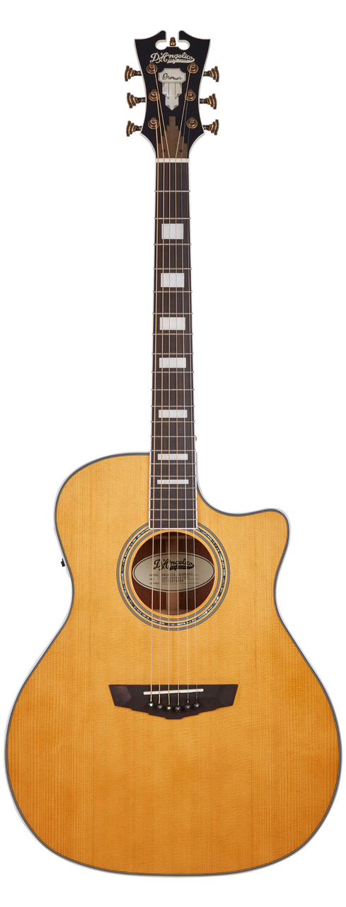 D’Angelico Gramercy Grand Auditorium CE – Vintage Natural Bundle (DAPG200VNATAPS) featuring a grand auditorium body, cutaway design, onboard electronics, natural wood finish, and included hard case and guitar strap.