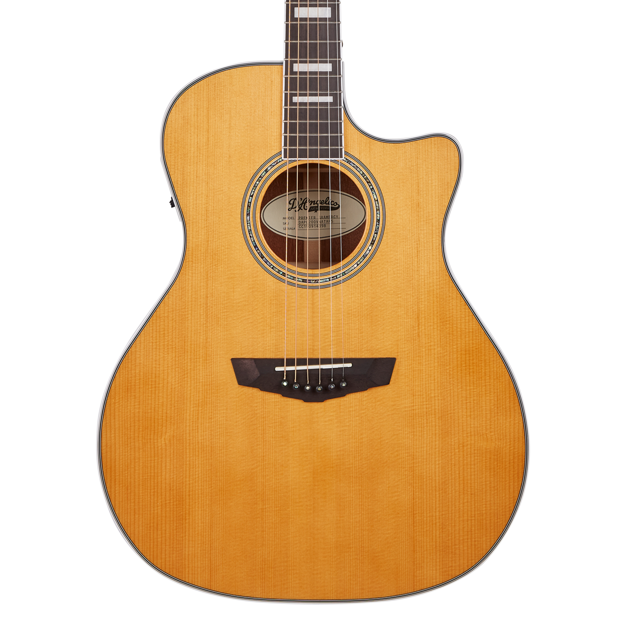 D’Angelico Gramercy Grand Auditorium CE – Vintage Natural Bundle (DAPG200VNATAPS) featuring a grand auditorium body, cutaway design, onboard electronics, natural wood finish, and included hard case and guitar strap.
