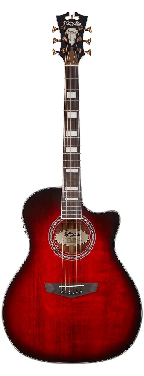 D’Angelico Gramercy Grand Auditorium CE – Trans Cherry Burst Bundle (DAPG200TBCBAPS) featuring a grand auditorium body, cutaway design, Trans Cherry Burst finish, onboard electronics, and included hard case and guitar strap.